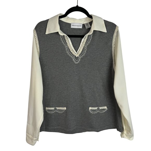 Alfred Dunner‎ SzL Grey Long Sleeve Lace Trim Top Grandmacore Granny Chic Twee - Picture 1 of 8